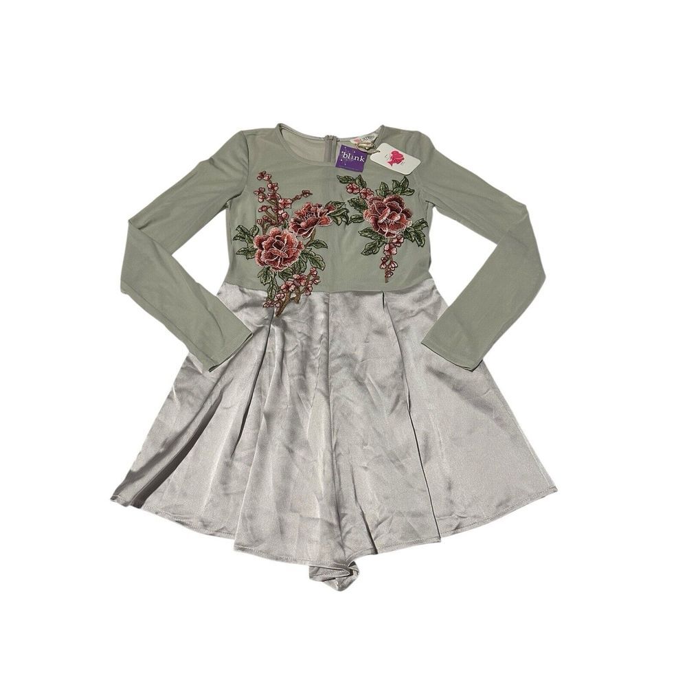 NWT L'ATISTE By Amy Size Small Silver Green Embroidered Floral Romper #K11-3